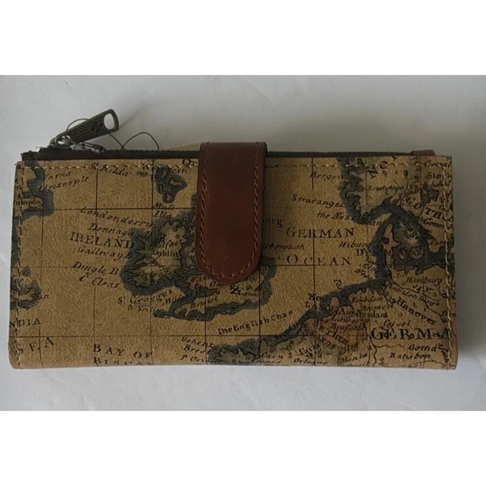 Patricia Nash Nazari Leather Bifold Wallet RFID Protection Brown European Map